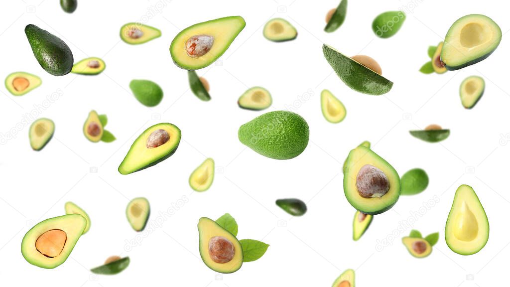 Fresh ripe avocados falling on light background, banner design