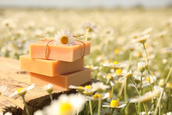Bars Soap Wooden Table Chamomile Field — Stock Photo, Image