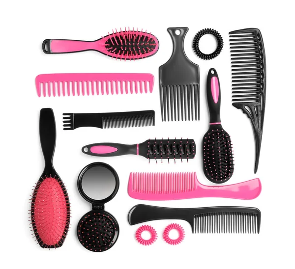 Set Modern Hair Combs Brushes Spiral Rubber Bands Isolated White — Stock Photo, Image