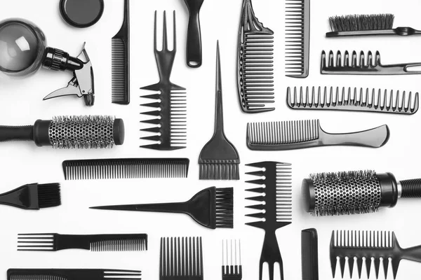 Composition Hair Combs Brushes White Background Top View — Stock Photo, Image