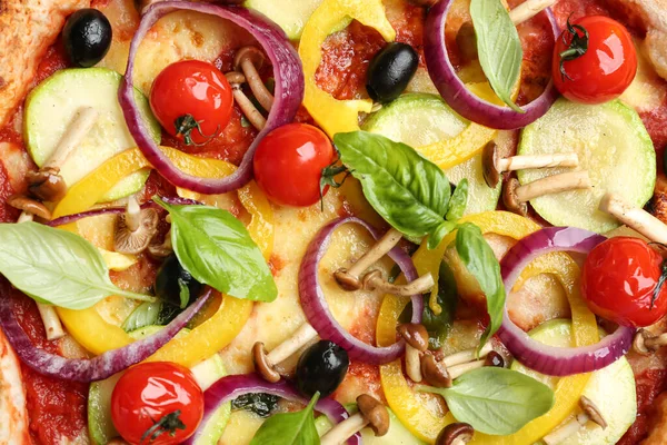 Delicious Hot Vegetable Pizza Mushrooms Background Closeup — Stock Photo, Image