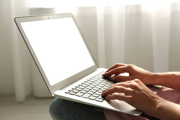 Woman Working Modern Laptop Indoors Closeup Stock Image