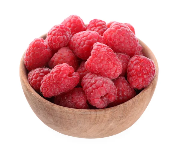 Köstliche Frische Reife Himbeeren Holzschale Isoliert Auf Weiß — Stockfoto