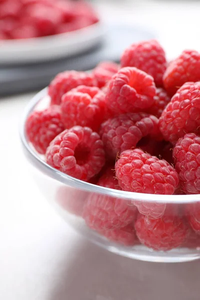 Delicious Fresh Ripe Raspberries Glass Bowl White Table Closeup — Stock Photo, Image