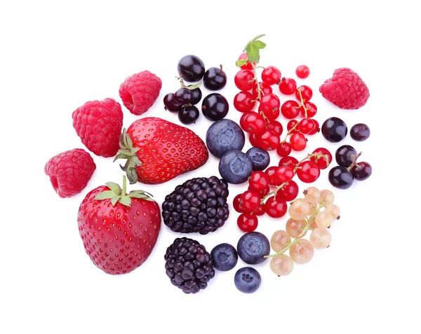 Mix Different Fresh Berries Isolated White Top View — Stock Photo, Image