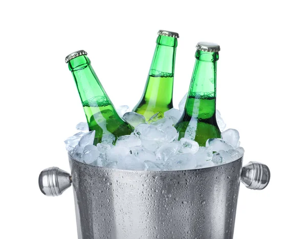 Metal Bucket Beer Ice Cubes Isolated White — Stock Photo, Image