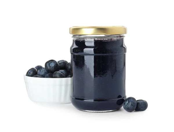 Vaso Marmellata Mirtilli Bacche Fresche Sfondo Bianco — Foto Stock