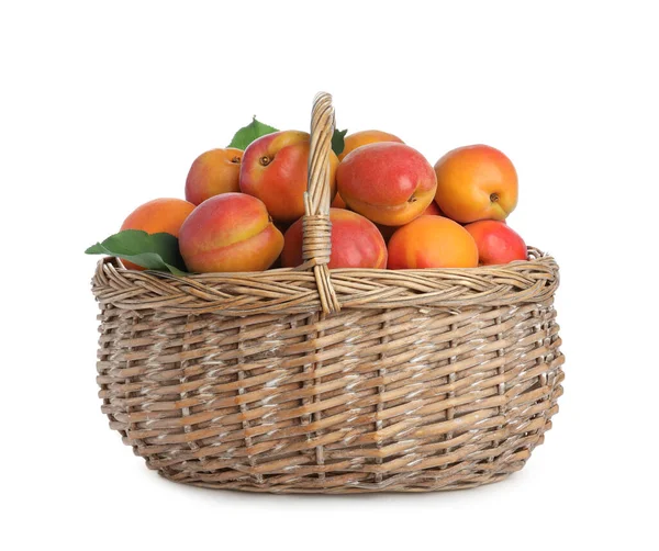 Delicious Ripe Apricots Wicker Basket Isolated White — Stock Photo, Image