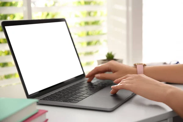 Woman Working Modern Laptop White Table Closeup Stock Picture