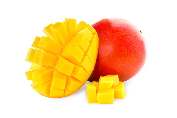 Whole Cut Ripe Mangoes Isolated White Exotic Fruit — Stock Photo, Image