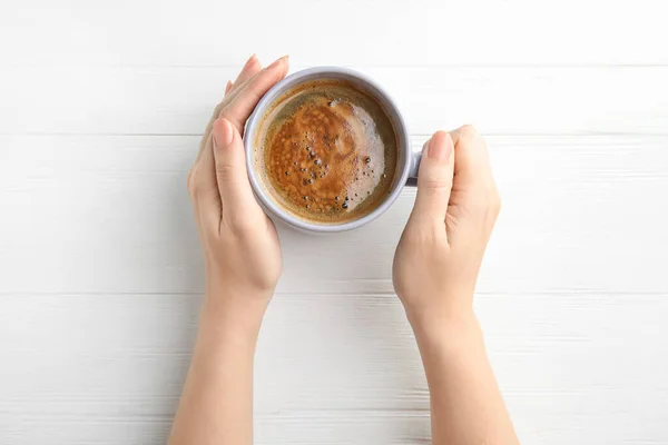 Woman Cup Coffee White Wooden Table Top View — Stock Photo, Image