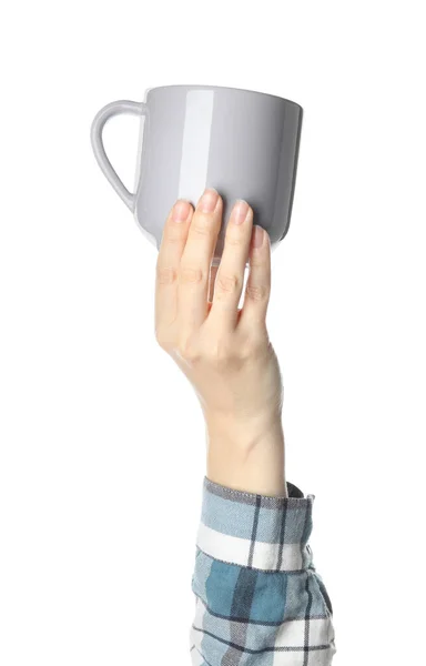 Woman Holding Cup White Background Closeup — Stock Photo, Image
