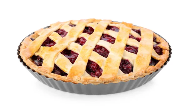 Délicieuse Tarte Aux Cerises Fraîche Dans Plat Cuisson Isolé Sur — Photo