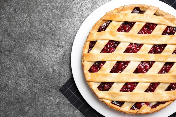 Delicious Fresh Cherry Pie Grey Table Top View Space Text — Stock Photo, Image