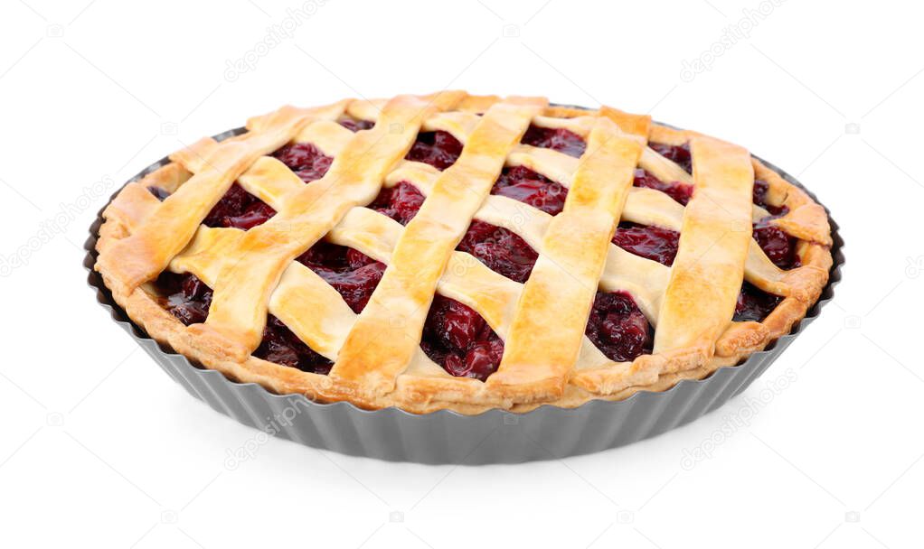 Delicious fresh cherry pie in baking dish isolated on white