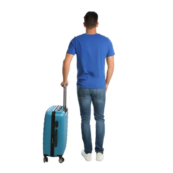 Handsome Man Suitcase Summer Trip White Background Back View Vacation — Stock Photo, Image