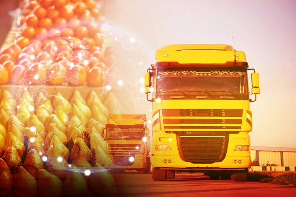 Πολλαπλή Έκθεση Φορτηγά Φρέσκα Φρούτα Και Παγκόσμια Υδρόγειο Χονδρική — Φωτογραφία Αρχείου