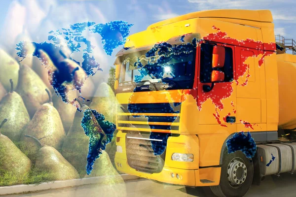 Πολλαπλή Έκθεση Φορτηγά Φρέσκα Αχλάδια Και Παγκόσμιο Χάρτη Χονδρική — Φωτογραφία Αρχείου