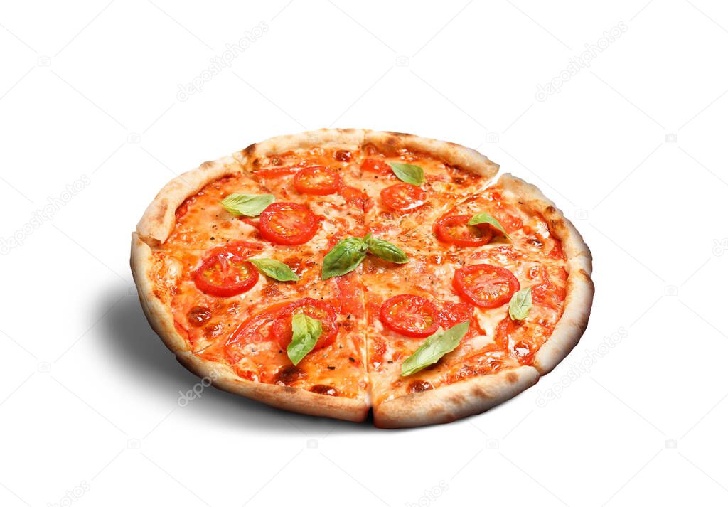 Hot tasty pizza Margherita on white background. Image for menu or poster