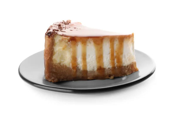 Кусок Вкусного Торта Карамелью Изолированы Белом — стоковое фото