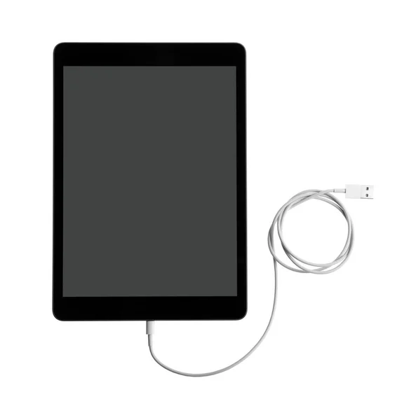 Καλώδιο Φόρτισης Tablet Και Usb Λευκό Φόντο Κορυφαία Προβολή — Φωτογραφία Αρχείου