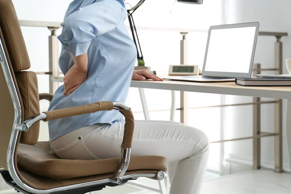 Woman Suffering Back Pain Workplace Office Closeup — Stock Photo, Image