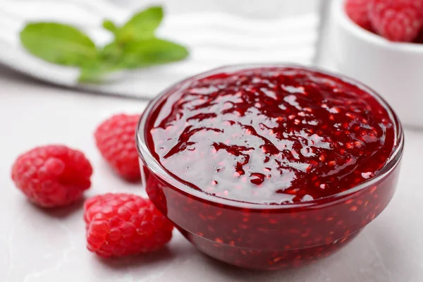 Delicious Jam Fresh Raspberries White Table Closeup — Stock Photo, Image