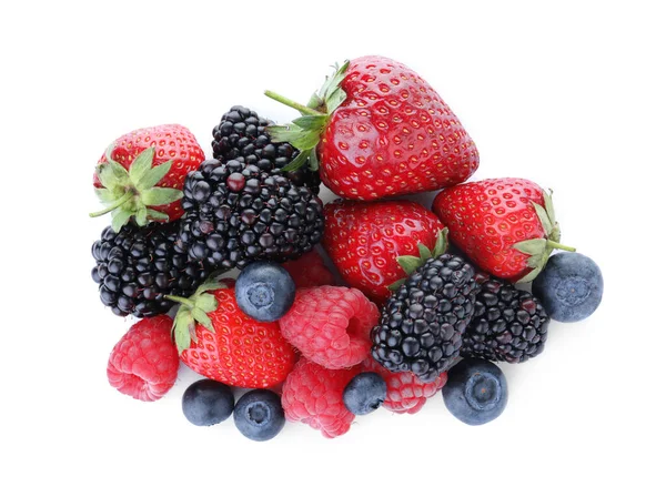 Pile Different Ripe Tasty Berries Isolated White Top View — Stock Photo, Image