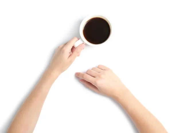 Mujer Sosteniendo Taza Café Sobre Fondo Blanco Vista Superior —  Fotos de Stock