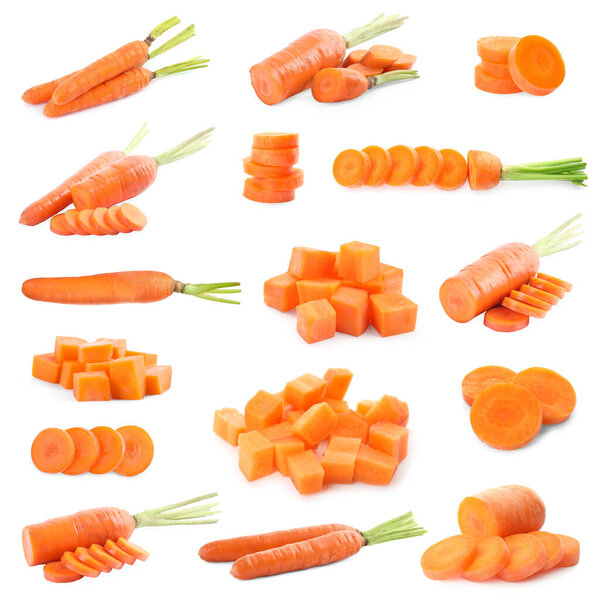 Набор цельной и нарезанной моркови на белом фоне