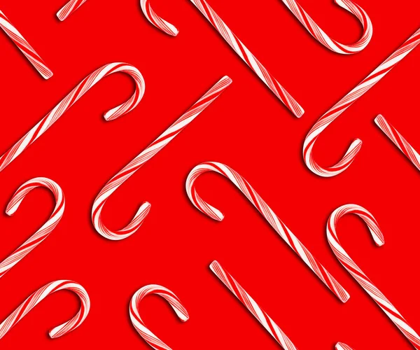 Modello Bastoncini Zucchero Natalizio Sfondo Rosso Vista Dall Alto — Foto Stock