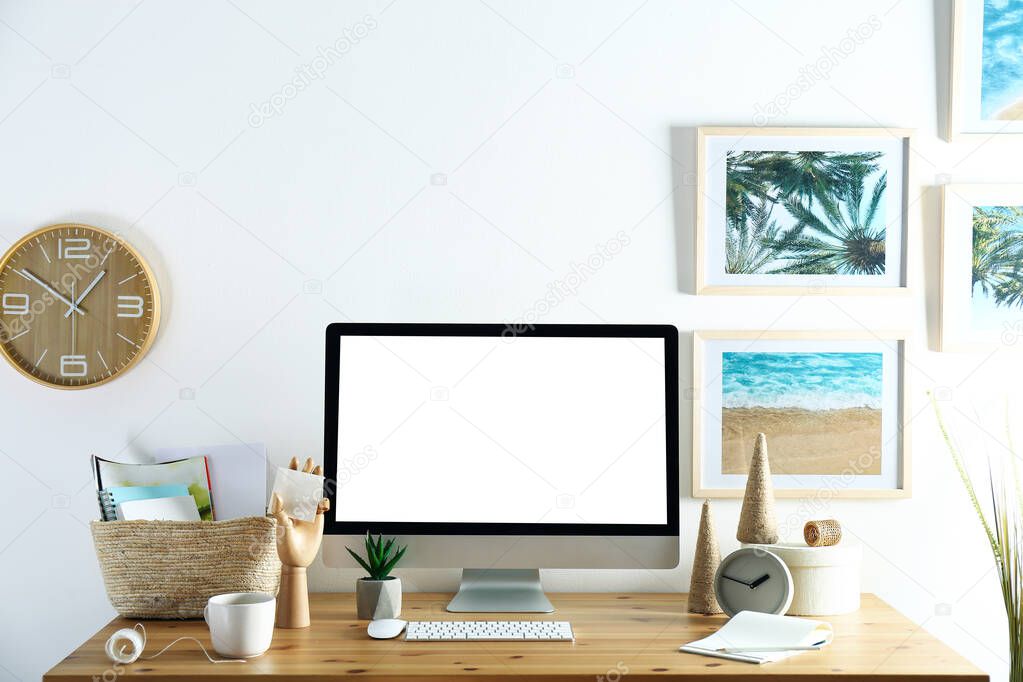 Home workplace with modern computer and desk in room. Mockup for design