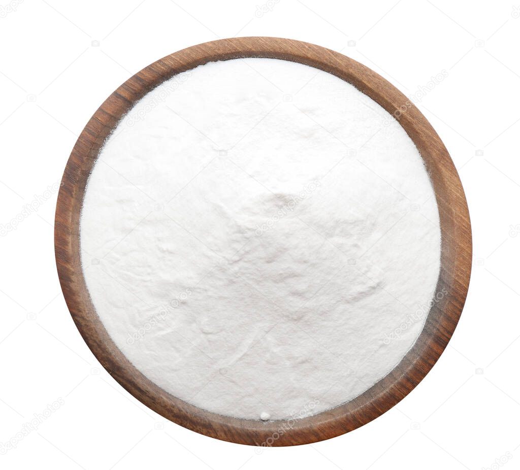 Baking soda in wooden bowl isolated on white, top view