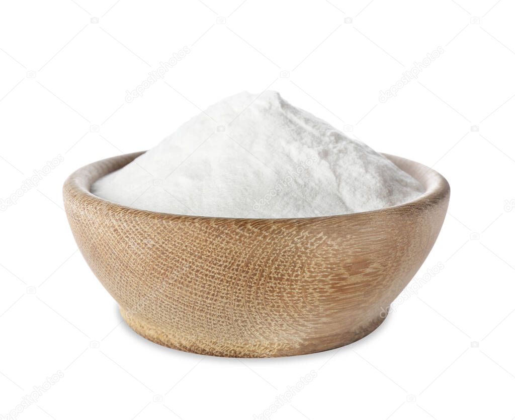 Baking soda in wooden bowl isolated on white