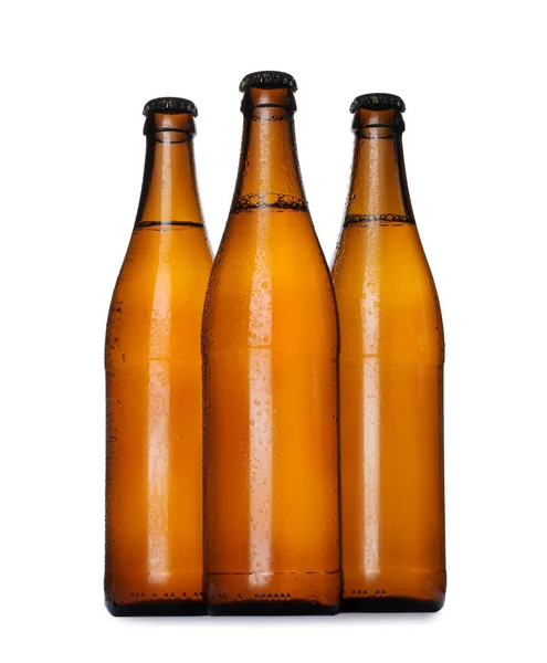 Bruine Flessen Met Bier Geïsoleerd Wit — Stockfoto