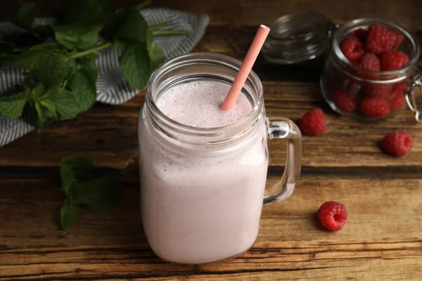 Tasty Milk Shake Raspberries Mint Wooden Table — Stock Photo, Image