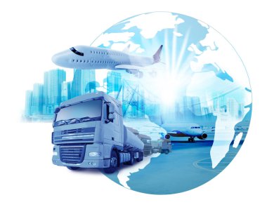 Logistics concept. Multiple exposure of different transports and world globe, toned in blue  clipart