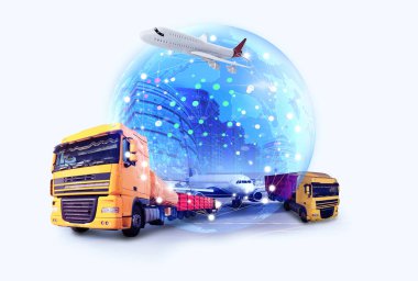 Logistics concept. Multiple exposure of different transports and world globe  clipart