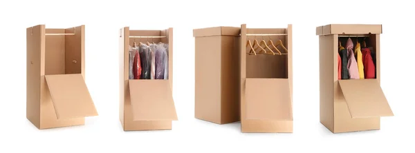 Set of cardboard wardrobe boxes on white background. Banner design