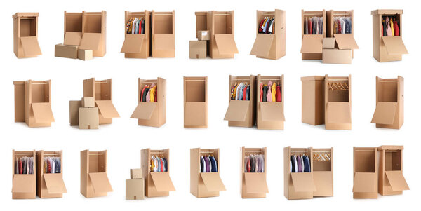 Комплект картонных шкафов коробки на белом фоне. Баннерный дизайн