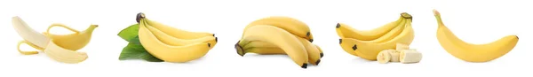 Set Con Deliciosos Plátanos Sobre Fondo Blanco Diseño Banner — Foto de Stock