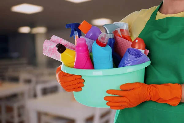 Woman Holding Basin Cleaning Supplies School Canteen Closeup — Stock Photo, Image