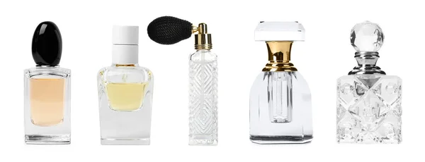 Zestaw Różnymi Butelkami Perfum Białym Tle Projekt Banera — Zdjęcie stockowe