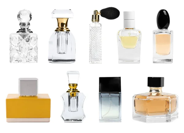 Zestaw Różnymi Butelkami Perfum Białym Tle — Zdjęcie stockowe