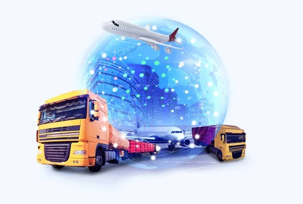 Logistikkonzept Mehrfachbelichtung Verschiedener Transporte Und Weltkugel — Stockfoto