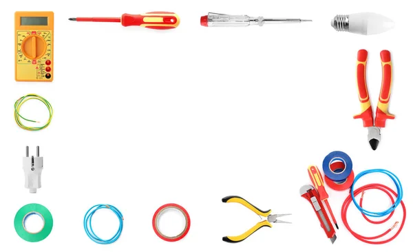 Frame Different Electrician Tools Equipment White Background — Stock Photo, Image