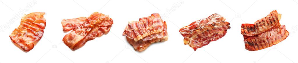 Set with tasty fried bacon slices on white background. Banner design