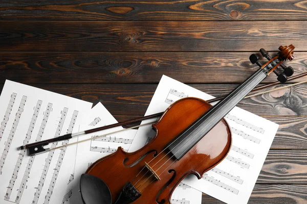 Lenzuola Violino Fiocco Note Tavolo Legno Piatte Spazio Testo — Foto Stock