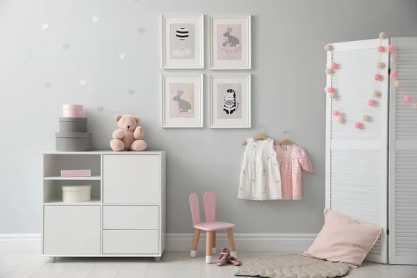 Stylish Baby Room Interior Chest Drawers Cute Pictures Wall — Stock Photo, Image