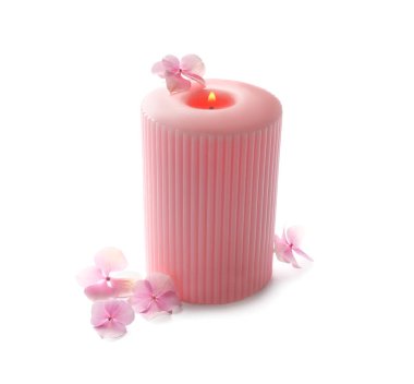 Yanan pembe mum ve beyaz üzerine izole edilmiş çiçekler.